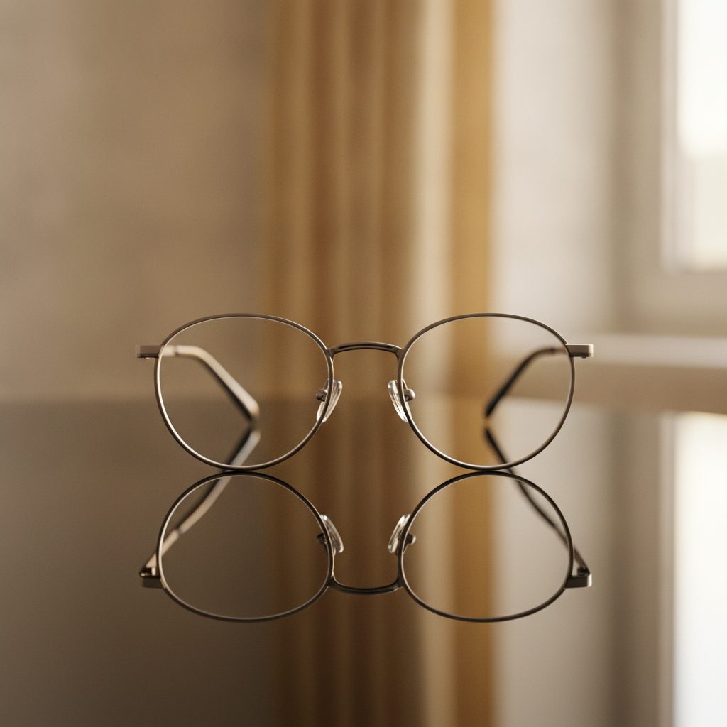 Modern eyeglasses on a reflective surface